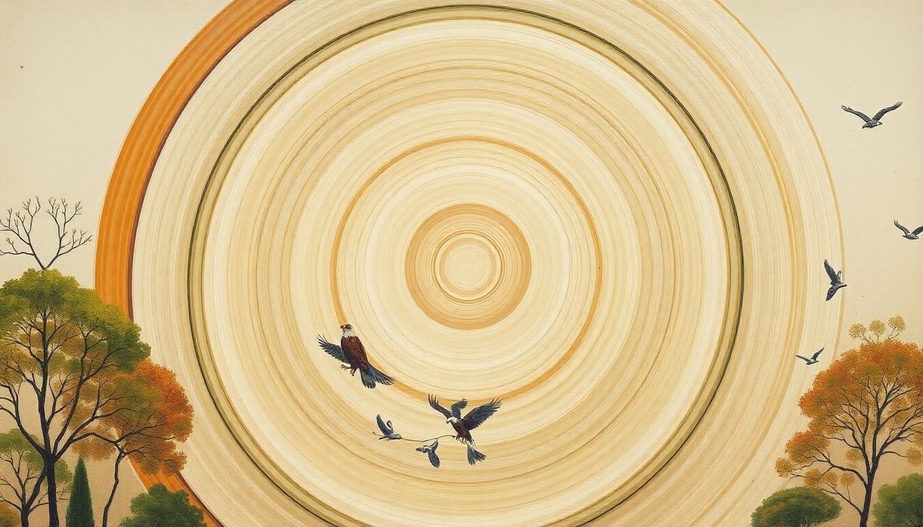 A bold, abstract painting in earthy tones featuring sweeping geometric arcs, concentric circles, and precise botanical spirals, conceptually representing the complex ecosystem of the National Arboretum and the interconnected forces that sustain the bald eagle family.