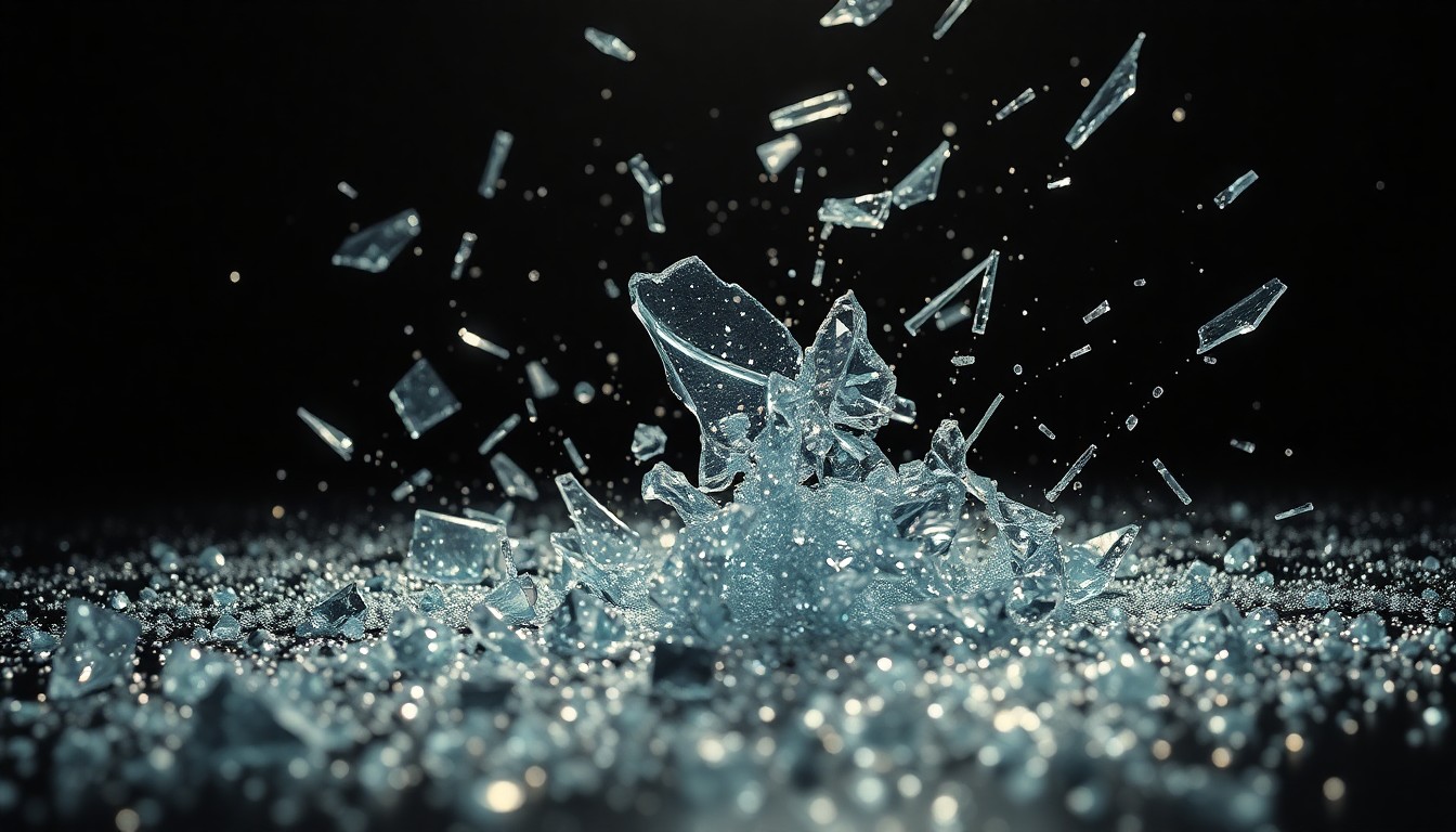 An abstract close-up image featuring shattered glass and glittering sequins, captured in dramatic high-contrast lighting to conceptually represent the end of a distinct period in cinematic thrillers.