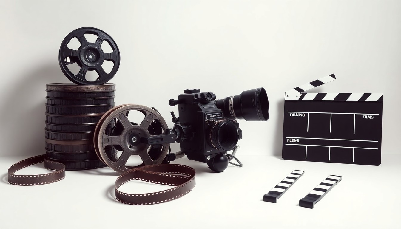 A minimalist, photorealistic studio still life featuring a stack of film reels, a vintage movie camera, and a pair of director's clapperboards arranged elegantly on a clean, monochromatic background, conceptually representing the art of filmmaking and the independent spirit of the European cinema industry.
