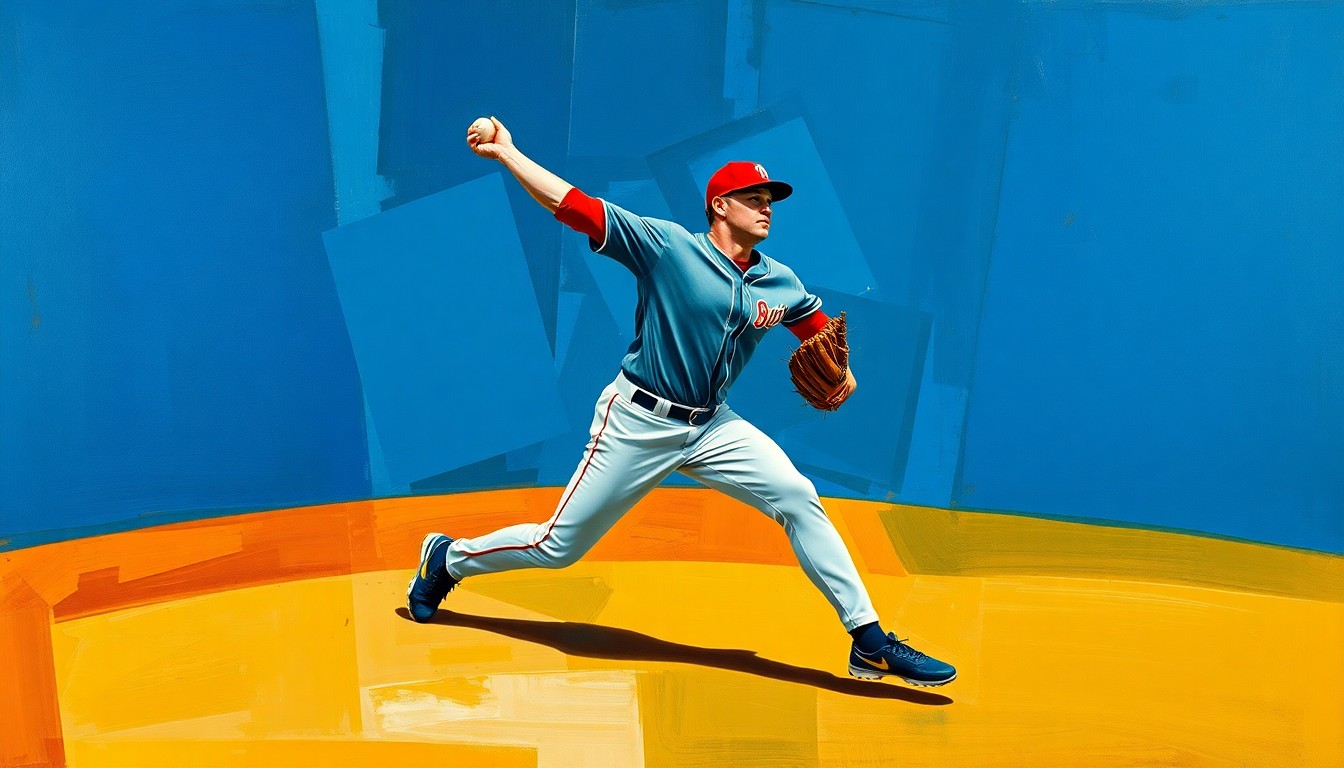 A fragmented, geometric painting depicting a baseball pitcher's throwing motion broken down into sharp, overlapping planes of color, conveying the complexity and difficulty of recovering from a significant injury.