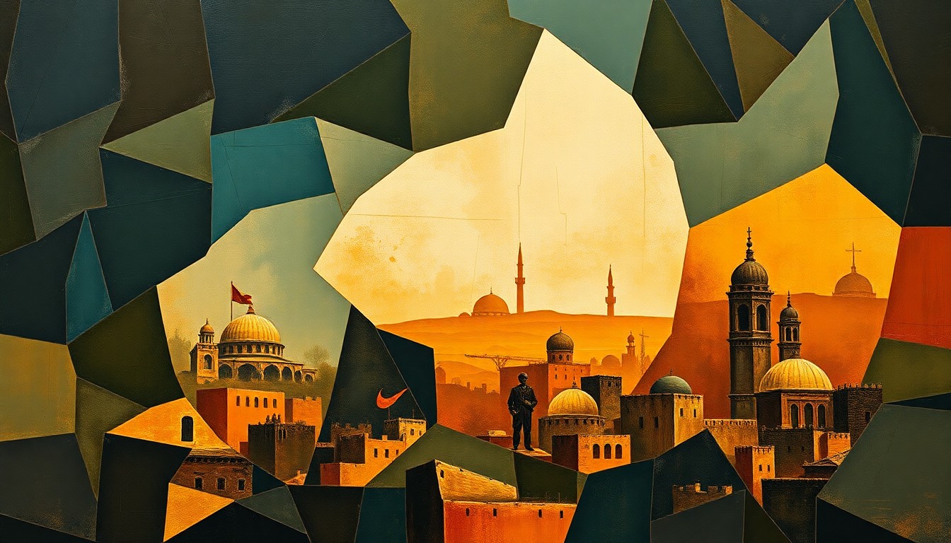 A highly abstract, fragmented painting in shades of blue, green, and orange, depicting a stylized Middle Eastern cityscape with geometric shapes and forms representing political figures and symbols of power.