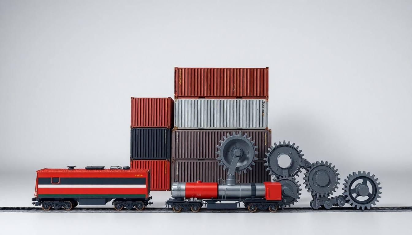 A photorealistic studio still life featuring a stack of shipping containers, a model freight train, and industrial gears, conceptually representing the logistics and infrastructure of freight transportation.