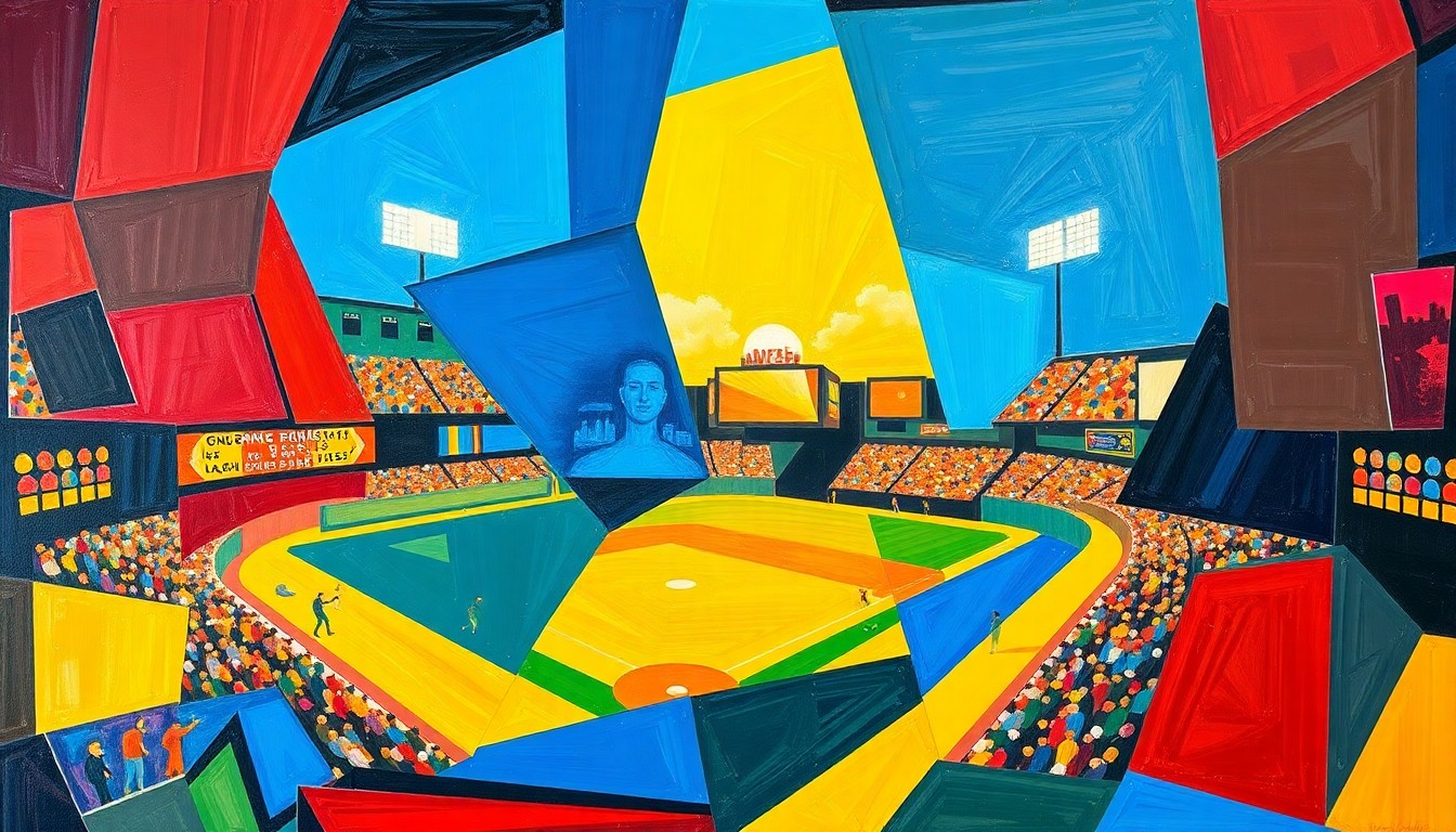 A cubist-style painting depicting a baseball game or match, with sharp, overlapping geometric shapes in vibrant colors, conceptually representing the Phillies' unchanging lineup and their ongoing quest to find postseason success.
