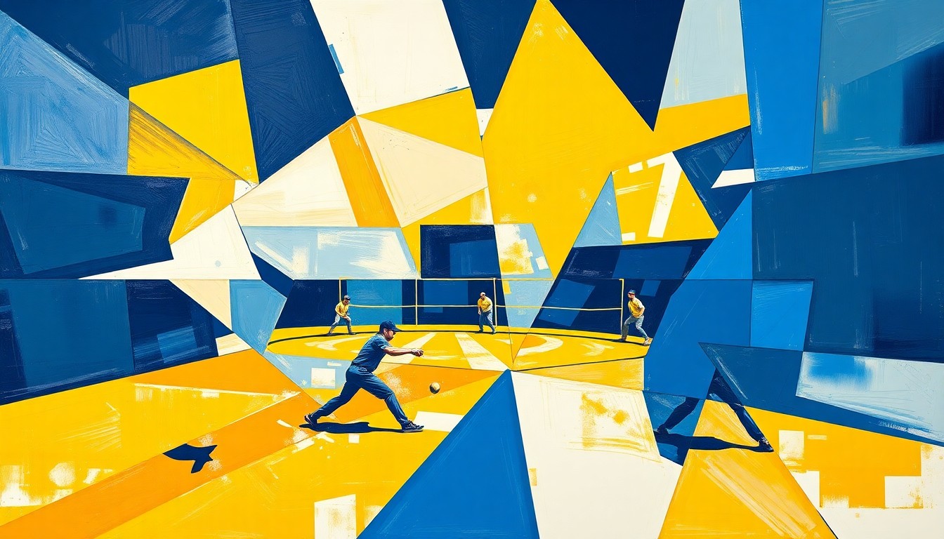 A fractured, geometric painting in shades of navy, gold, and white, depicting the motion and movement of a softball game through overlapping planes and shapes, without any recognizable figures or details.