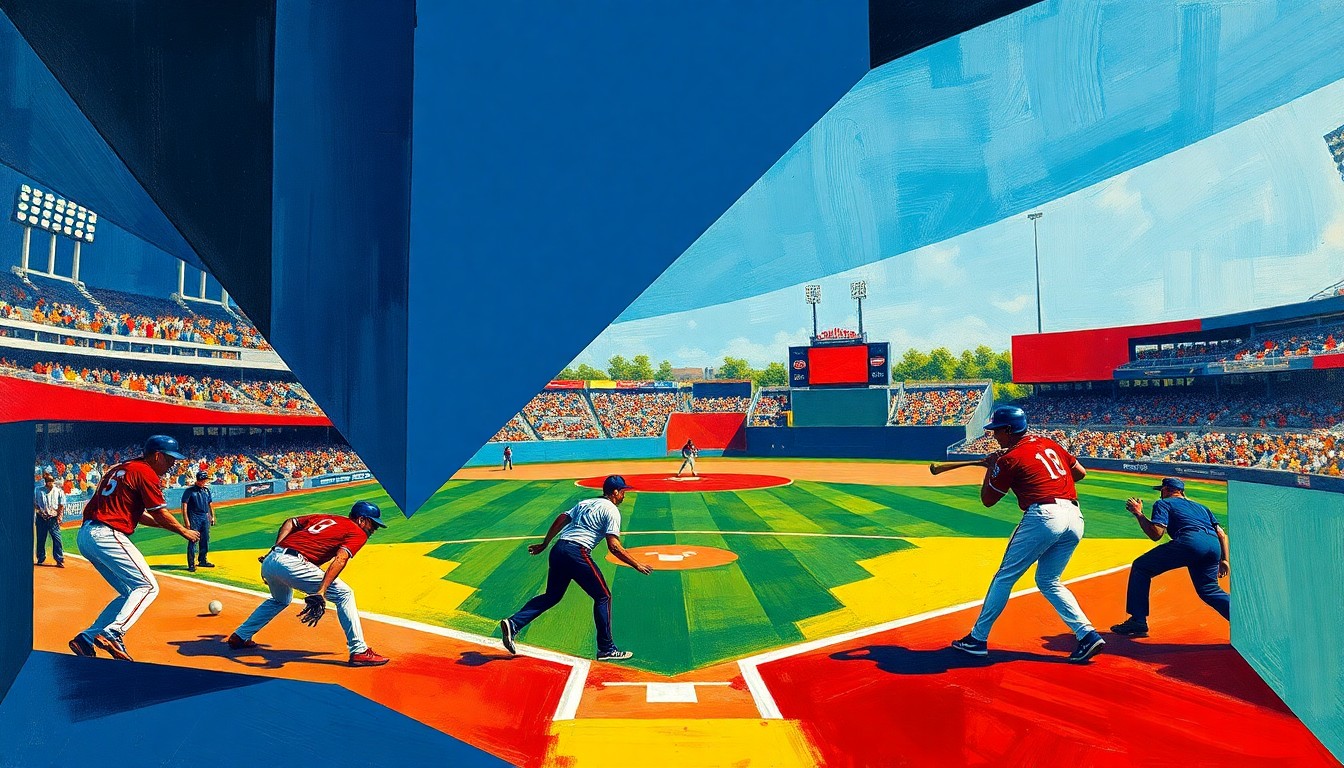 A cubist-style painting depicting a baseball game or match, with the players and field represented as abstracted, angular shapes in a vibrant color palette of navy blue, crimson red, and golden yellow.
