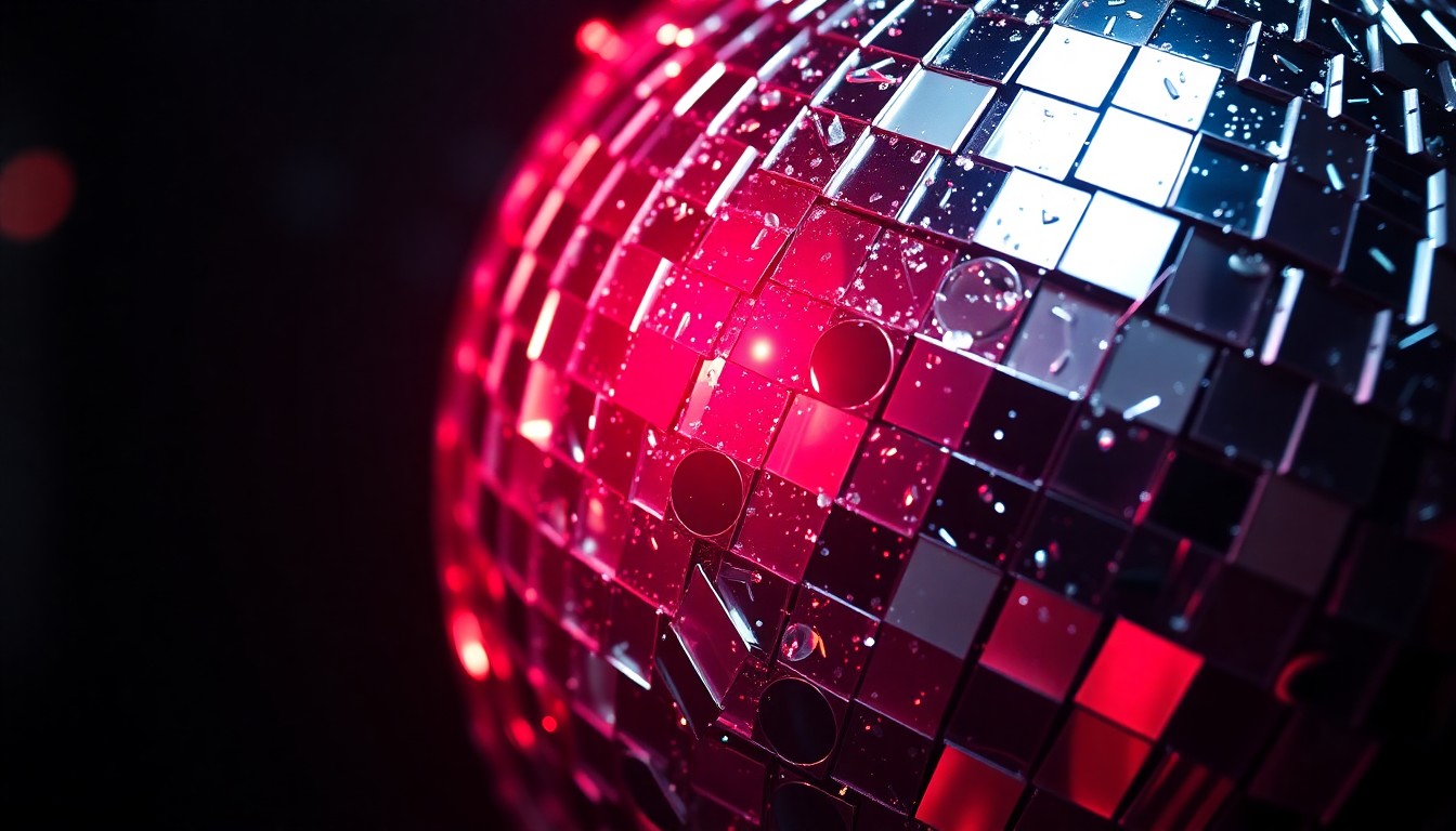 An extreme close-up photograph of shattered glass shards from a disco ball, reflecting a dramatic red light and creating a high-contrast, abstract texture that evokes the excitement and energy of a lively dance party.