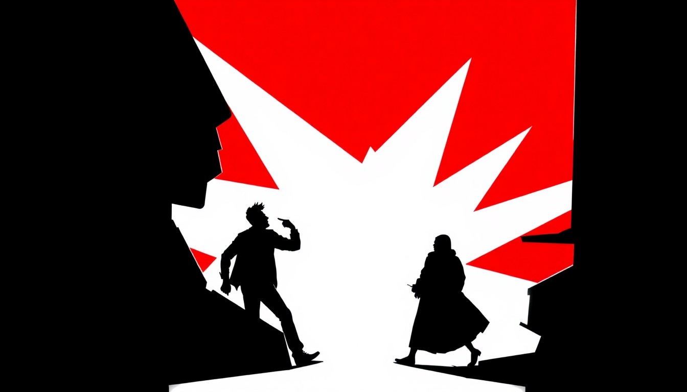 A striking, minimalist illustration featuring bold, jagged geometric shapes in red and white, abstractly representing the return of Akshay Kumar to the comedy genre.