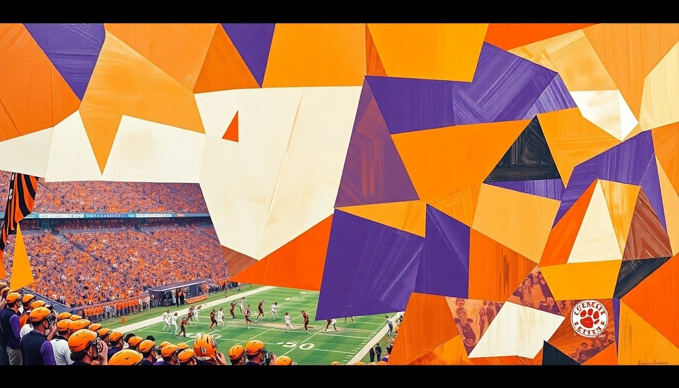 A cubist, geometric painting depicting a Clemson Tigers football game, with the players and field broken down into sharp, overlapping planes of orange and purple.