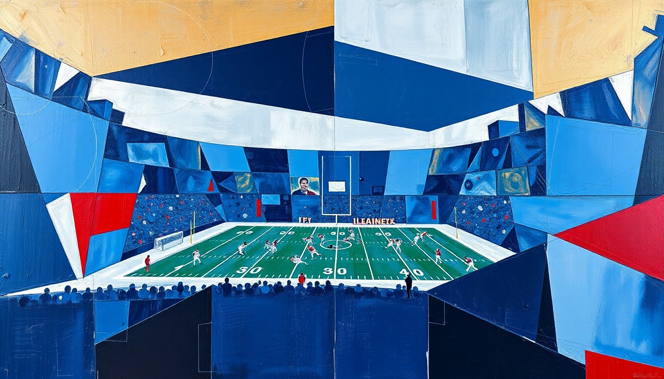A cubist, geometric painting depicting a fragmented football game, with sharp planes of navy, silver, and crimson red conveying the raw energy and intensity of the sport.