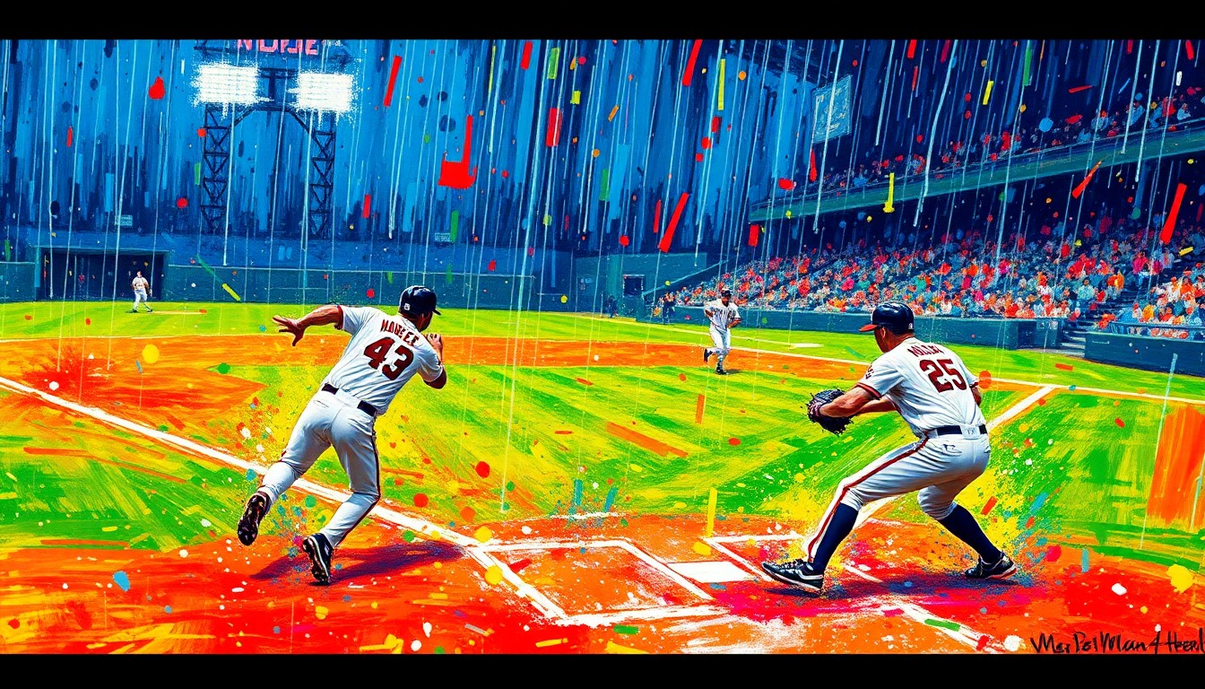 An abstract, expressionist painting in neon colors depicting the dynamic energy and movement of a baseball game being played in the rain, with the players and field dissolved into unrecognizable splatters of color.