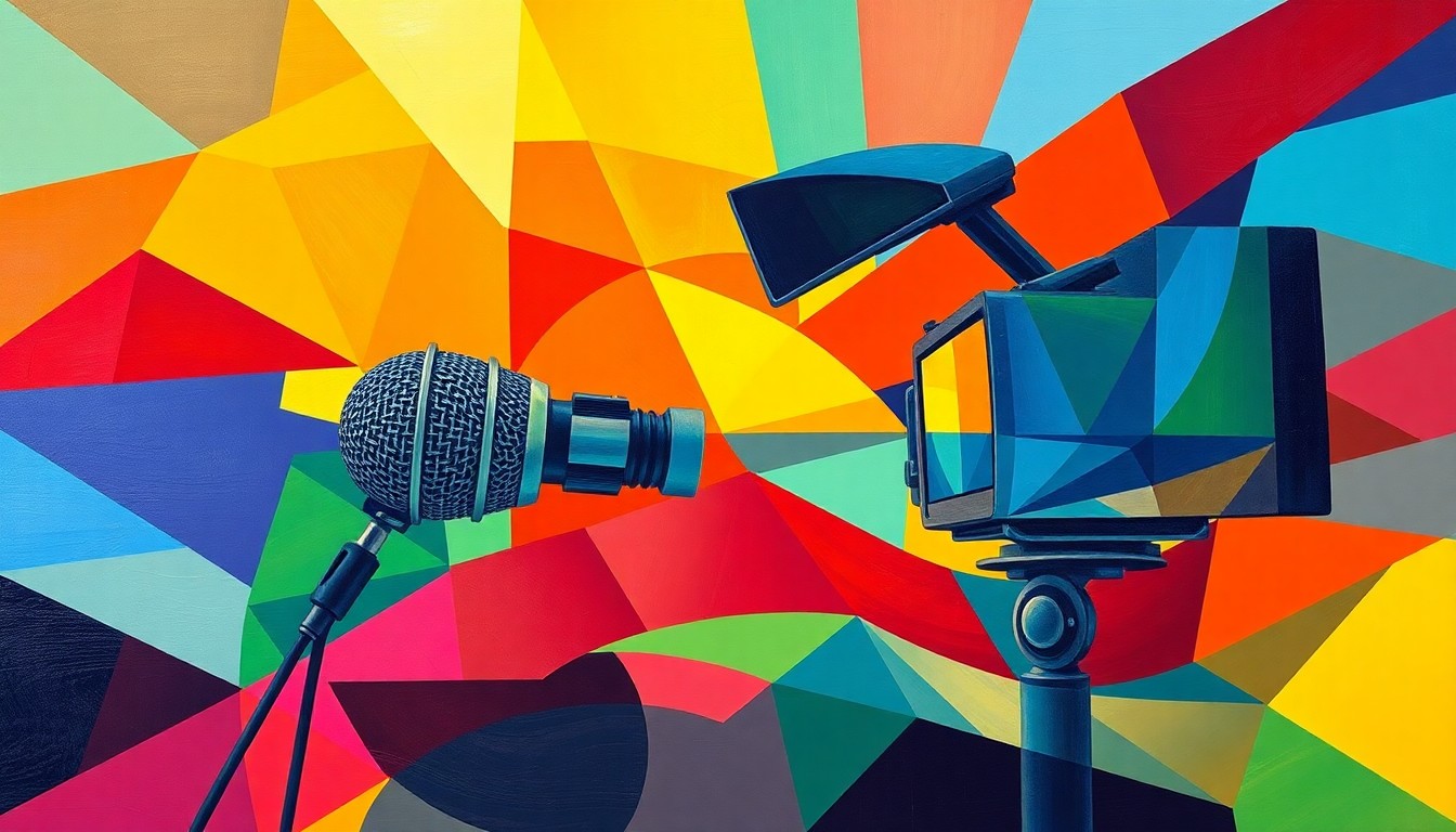 A vibrant, abstract painting featuring overlapping, fractured shapes and lines in bold colors, representing the chaotic and fast-paced nature of modern media and its impact on political discourse.