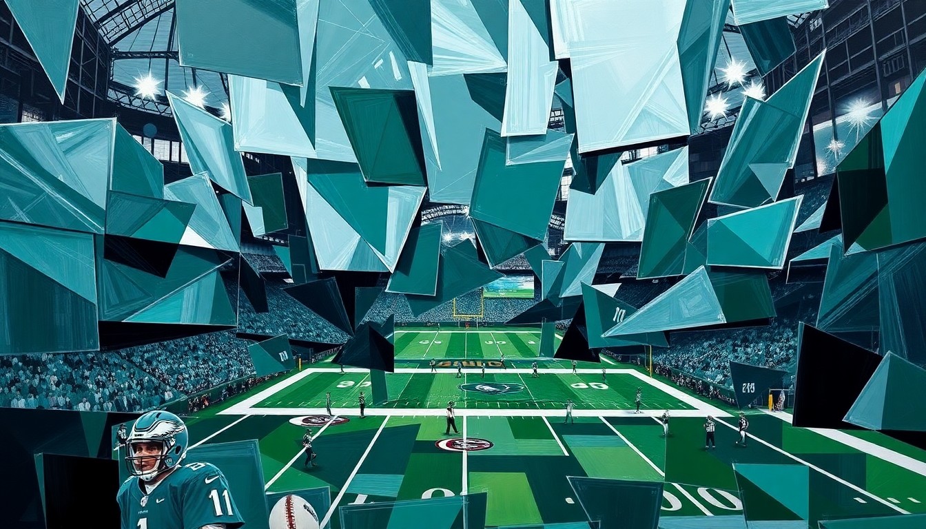 A cubist, geometric painting depicting a fragmented football game or match, with sharp, overlapping planes in the official colors of the Philadelphia Eagles team.