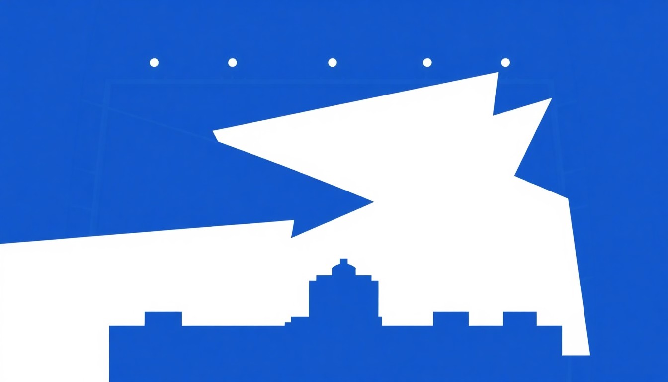 A minimalist, abstract illustration featuring jagged, geometric shapes in shades of blue and white, conceptually representing a DJ performance stage being disrupted by powerful winds.