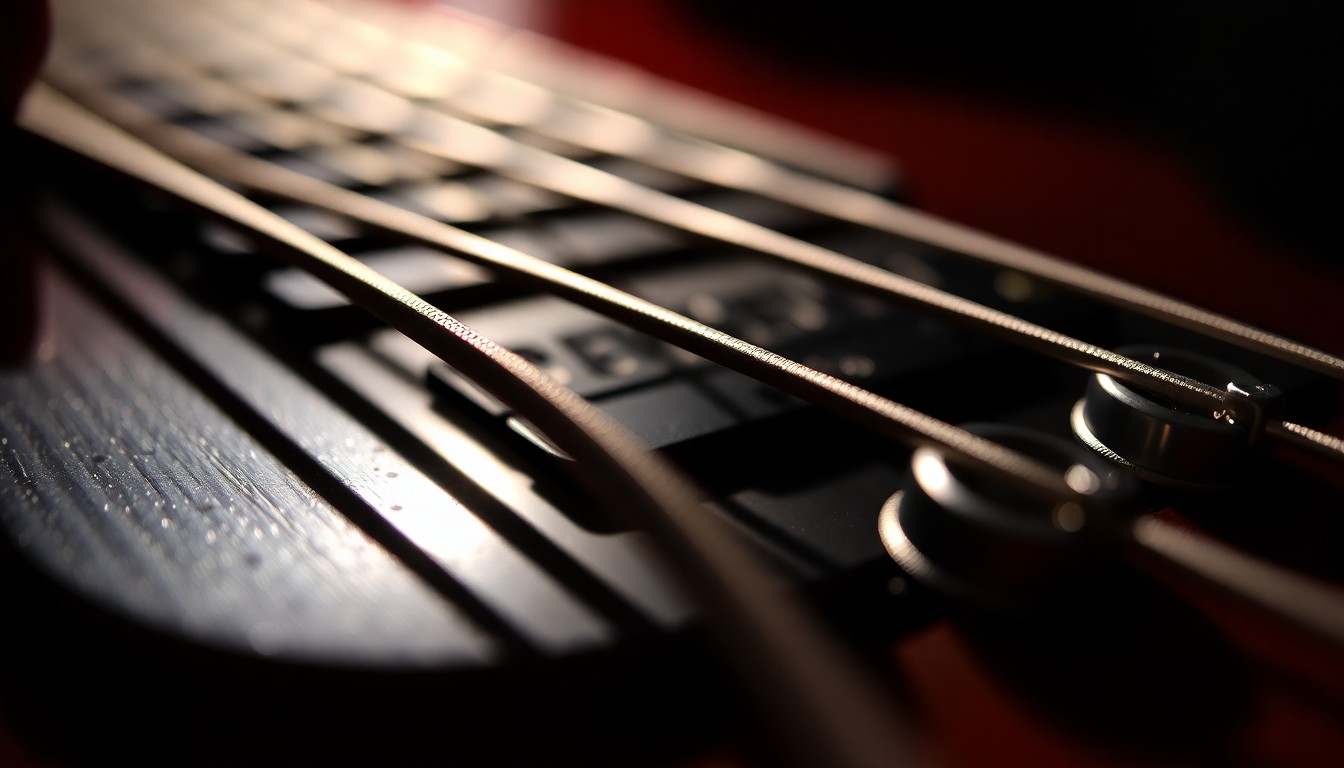 An extreme close-up photograph of the intricate metal textures and reflections of guitar strings, captured in dramatic, high-contrast studio lighting to evoke the passion and dedication of a musician facing a chronic illness.