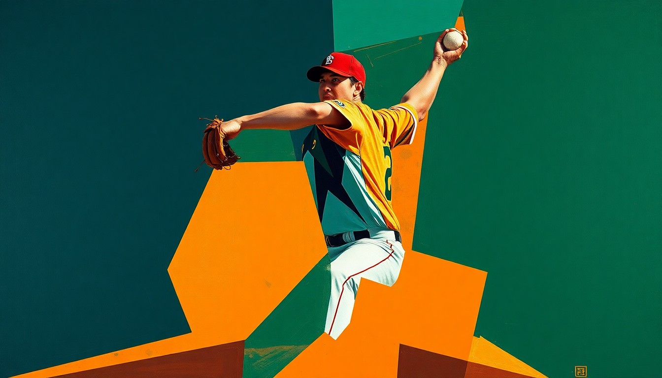 A fragmented, geometric painting in navy, green, and orange tones depicting the overlapping planes and angles of a baseball pitcher's delivery, conveying the kinetic energy and raw power of the sport.