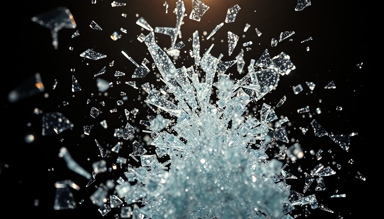 An abstract close-up image of shattered glass and glittering shards, captured in dramatic, high-contrast studio lighting, conceptually representing the unpredictable nature of the entertainment industry.
