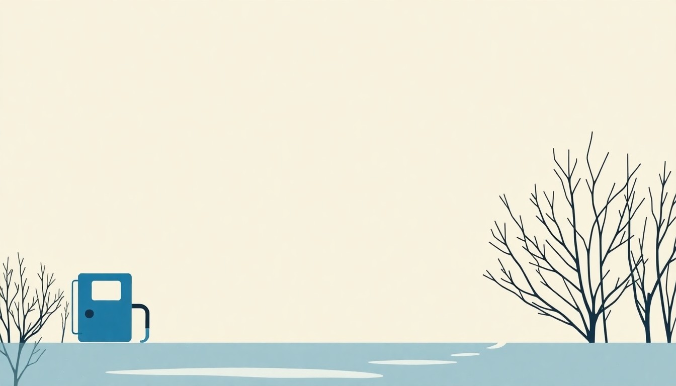 An abstract illustration featuring overlapping triangles and circles in shades of blue, red, and yellow, conceptually representing the volatility and interconnectedness of gas prices, geopolitics, and winter storms.