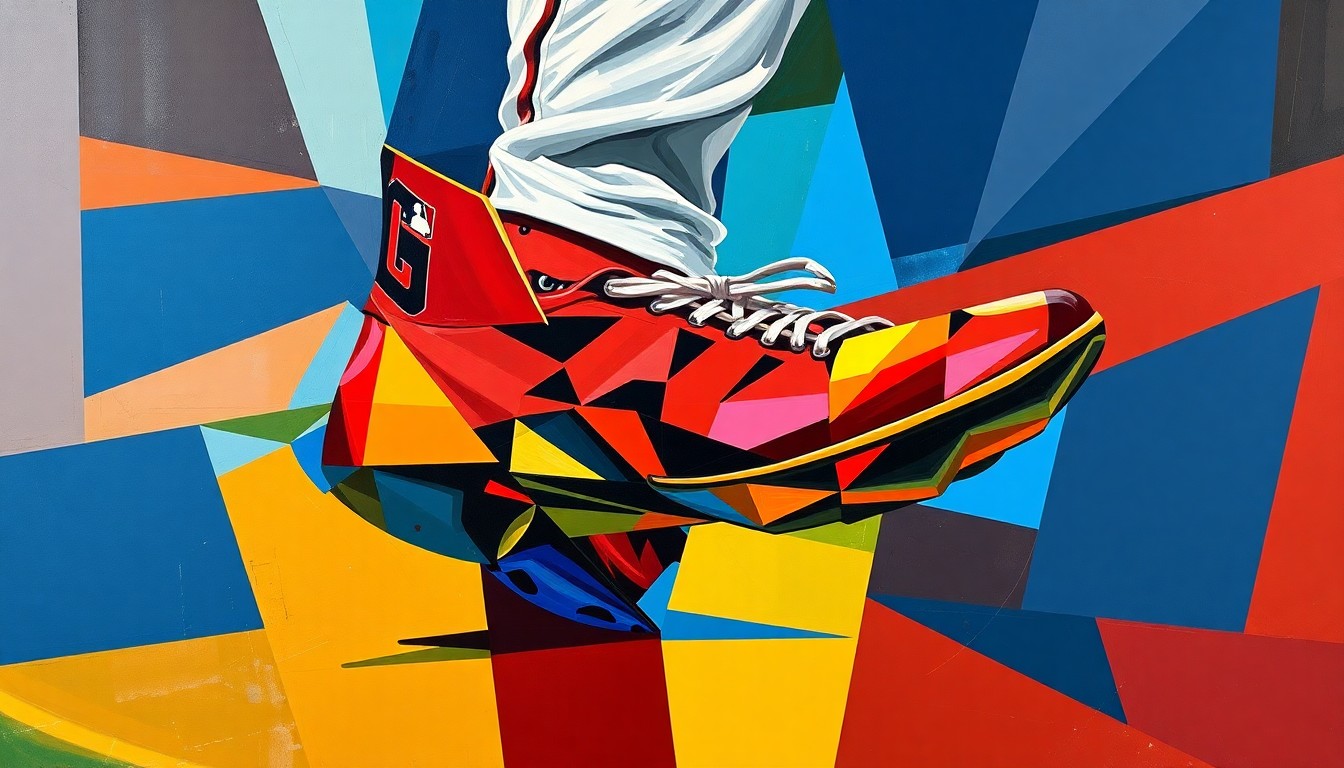 A fragmented, geometric painting depicting a baseball player's injured foot, with sharp planes of color representing the Cleveland Guardians' team colors. The abstract composition captures the vulnerability and unpredictability of athletic success.