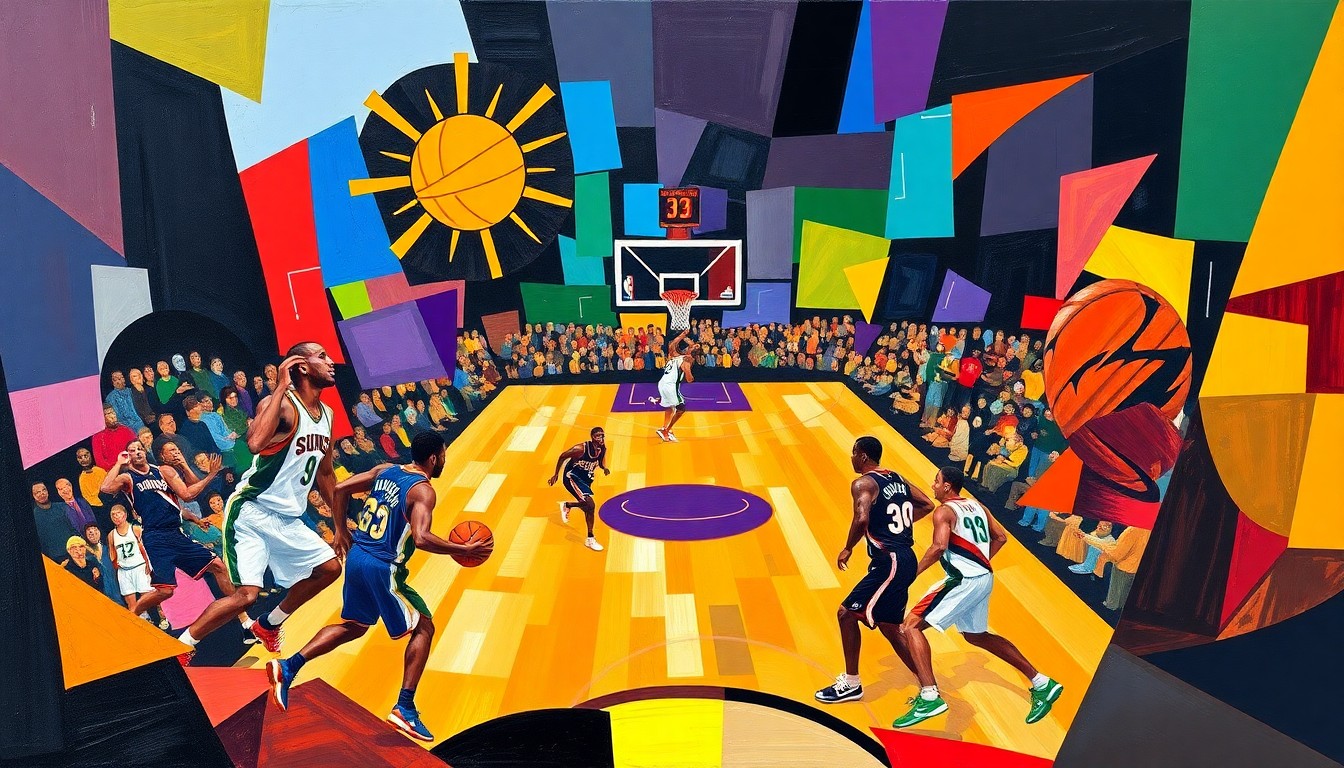 A cubist-style painting depicting a basketball game, with the court and players broken down into sharp, overlapping geometric shapes and planes in vibrant colors.