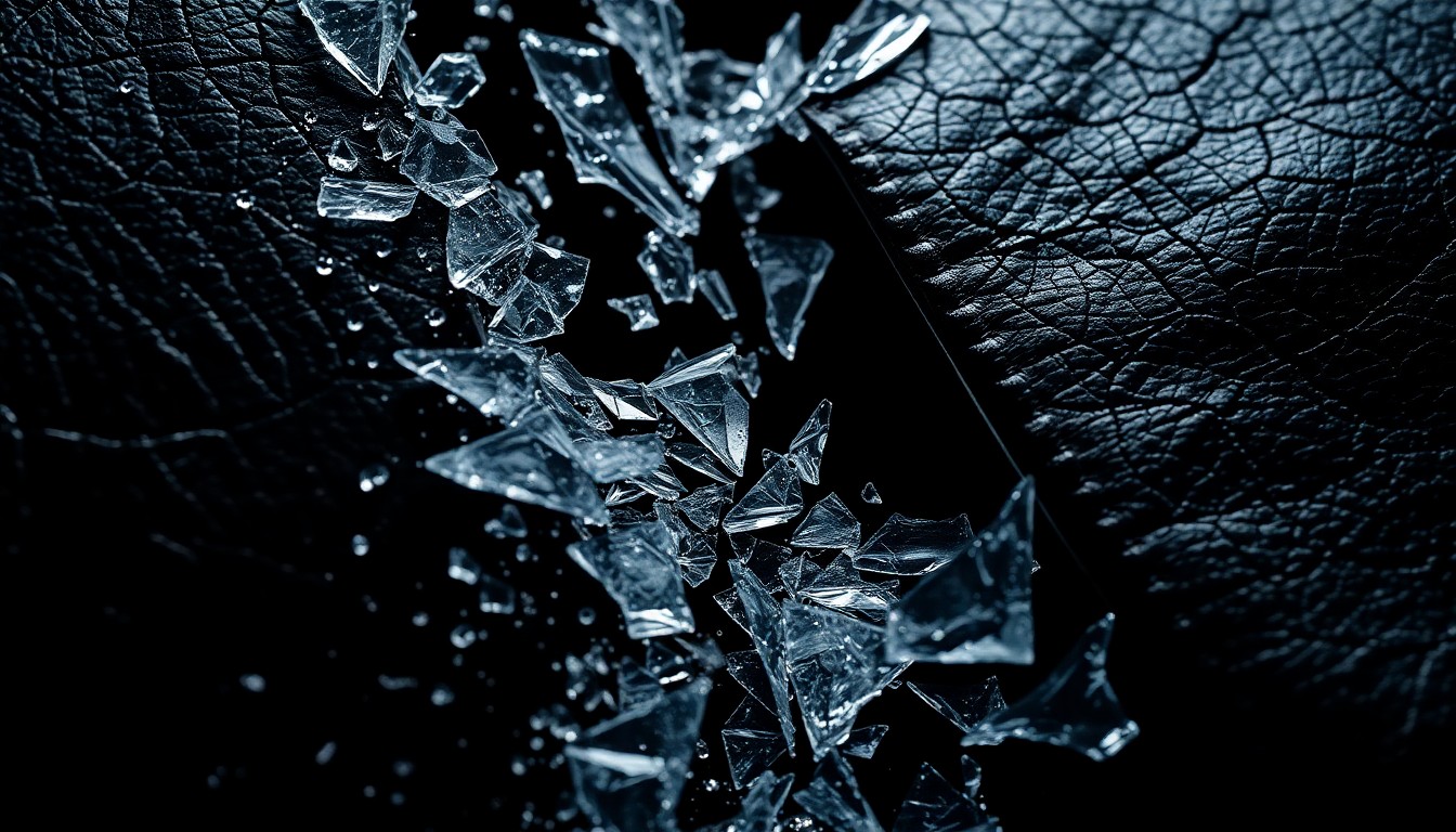 An extreme close-up photograph of shattered glass and cracked leather, capturing the violent and chaotic aftermath of the backstage clash between the UFC legend and the influencer.