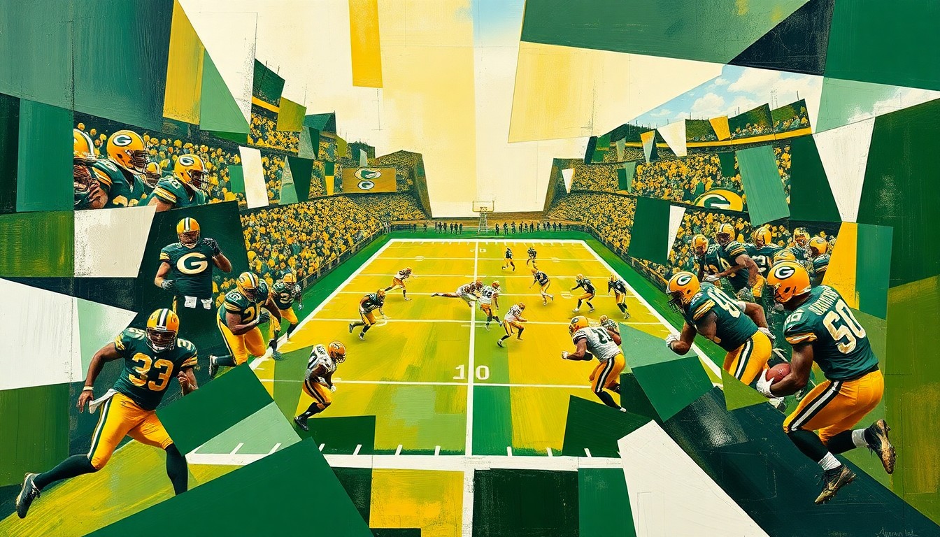 A fractured, geometric painting in shades of green, gold, and white, depicting a Packers football game broken down into sharp, overlapping planes, capturing the team's multifaceted approach to the game and its impact.