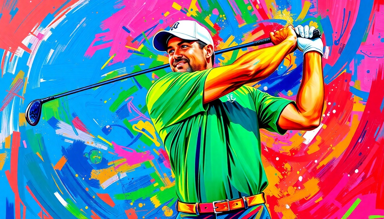 An abstract, expressionist painting in neon colors depicting the powerful, dynamic motion of a golfer's swing, representing Gary Woodland's triumphant return to the game after overcoming brain surgery and PTSD.