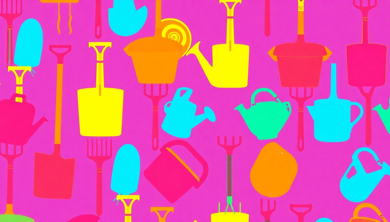 A high-contrast, silkscreen-style illustration of a garden shovel repeated in a grid pattern, using vibrant neon colors and bold black outlines to create a modern pop art representation of community gardening.