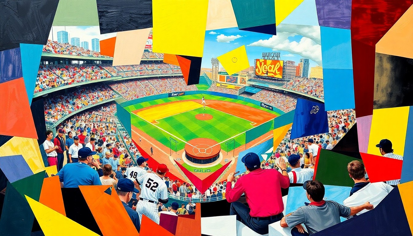 A fractured, cubist-style painting depicting a baseball game or match, with sharp, overlapping geometric shapes in vibrant colors representing the teams involved.