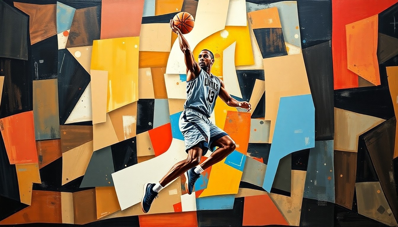 A fragmented, geometric painting depicting the movements and actions of a basketball player, conveying the dynamic energy and multifaceted nature of the sport.