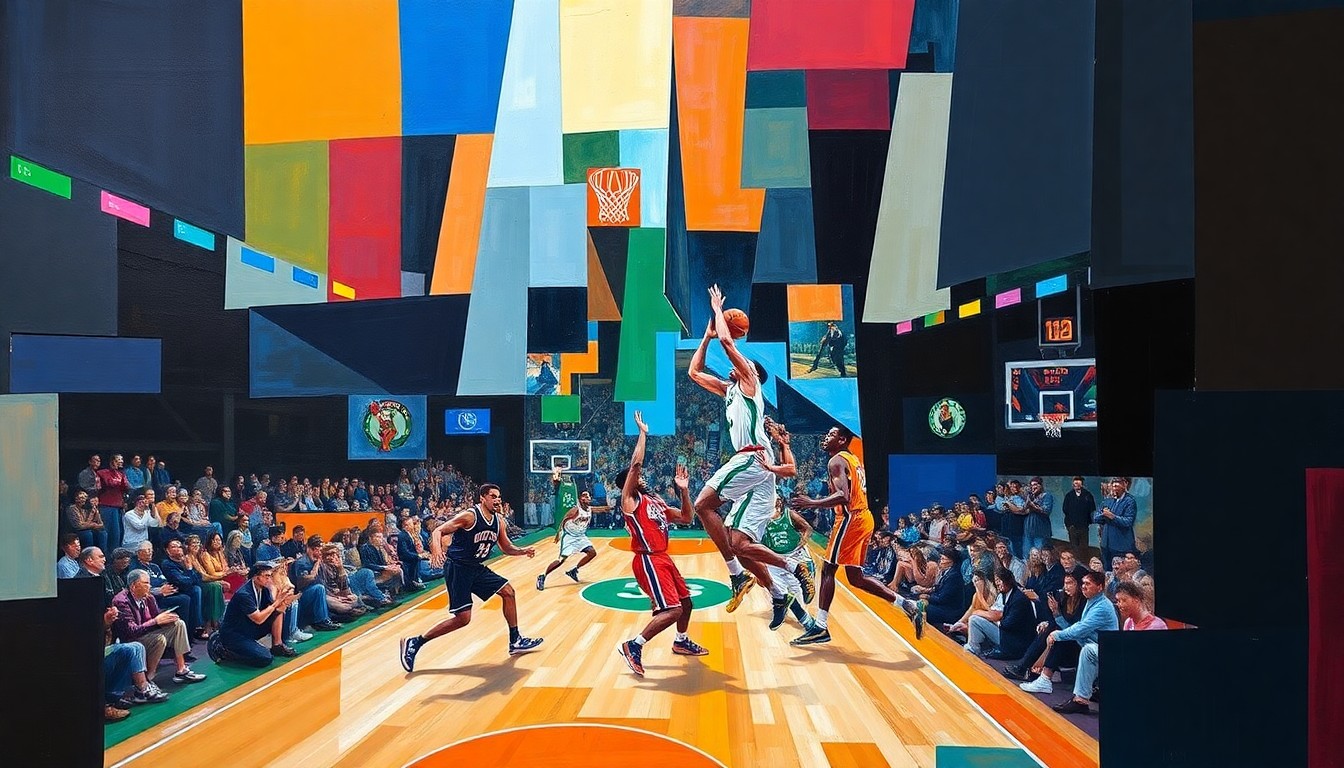 A cubist-style painting depicting the intense basketball action between the New York Knicks and Boston Celtics, with the players and court broken down into sharp, overlapping geometric shapes and planes, capturing the dynamic energy of the game.