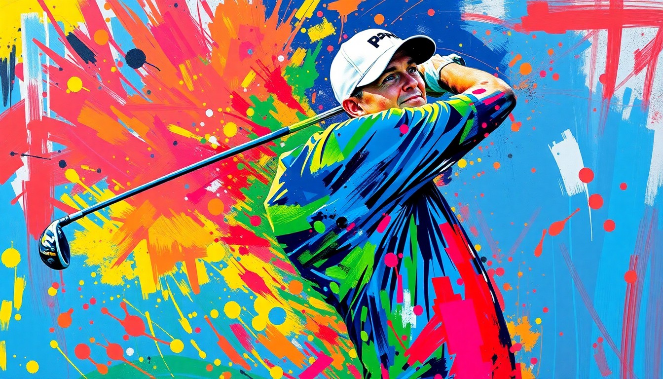 An abstract, expressionist painting featuring vibrant neon colors and rapid brushstrokes that convey the dynamic motion and energy of a professional golfer's swing, without any recognizable faces or details.