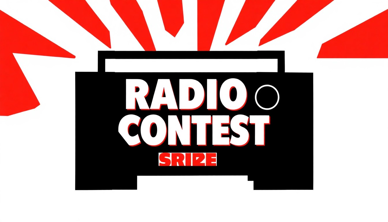 An abstract, minimalist illustration featuring bold, jagged geometric shapes in high-contrast red and white, conceptually representing the excitement and anticipation of a radio contest with cash prizes.