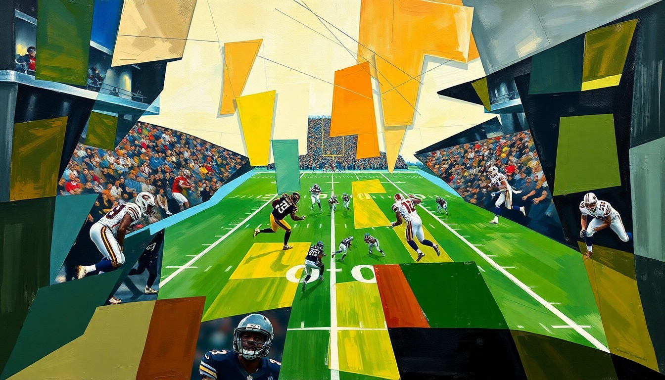 A cubist, geometric painting depicting the overlapping perspectives and dynamics of a quarterback competition, with sharp, angular shapes and planes representing the different elements at play.
