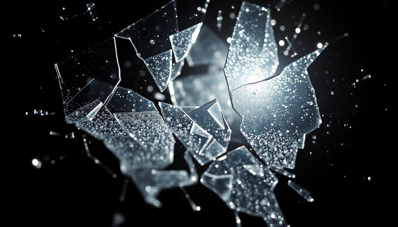 An abstract close-up photograph of shattered, glittering glass reflecting dramatic studio lighting, conceptually representing the fragility and fading glamour of the regional amusement park industry.