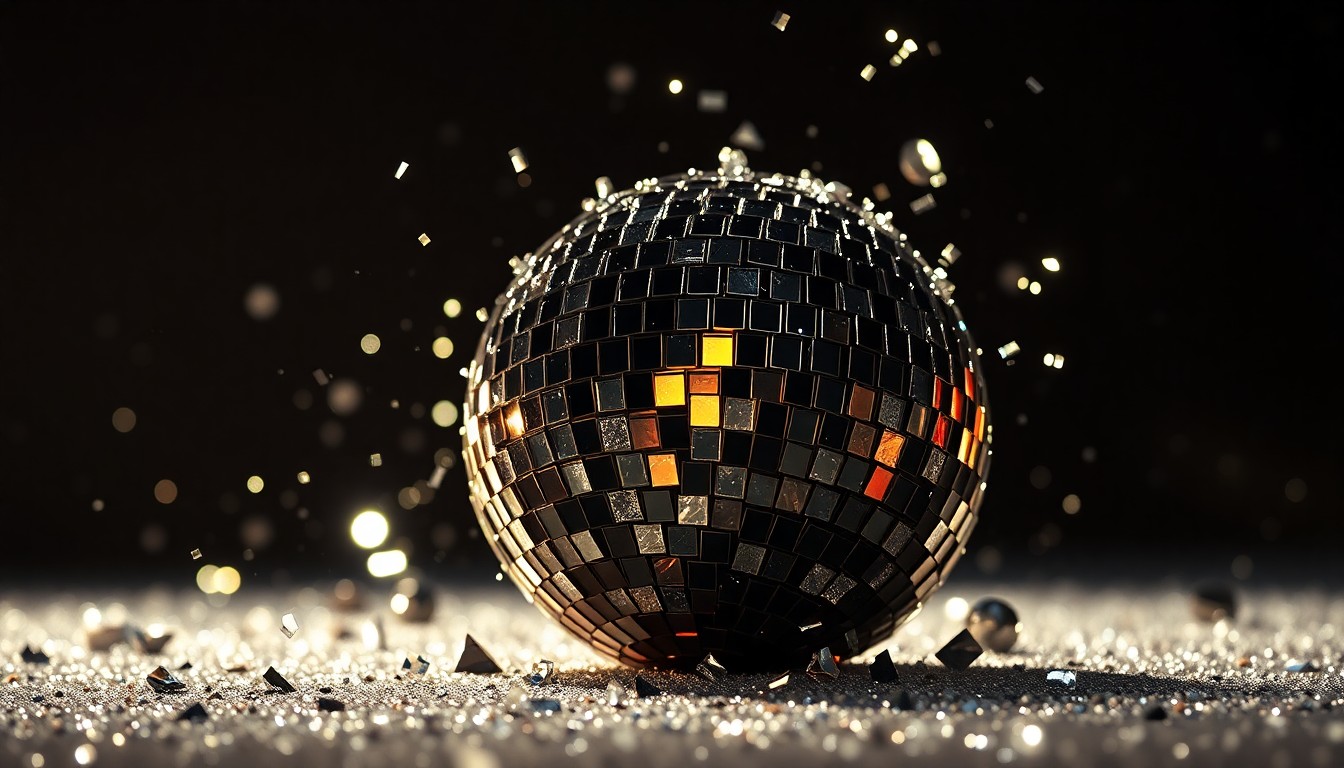 An extreme close-up photograph of shattered, glittering disco ball fragments in dramatic studio lighting, conceptually representing the divisive reactions to Justin Bieber's Coachella performance.