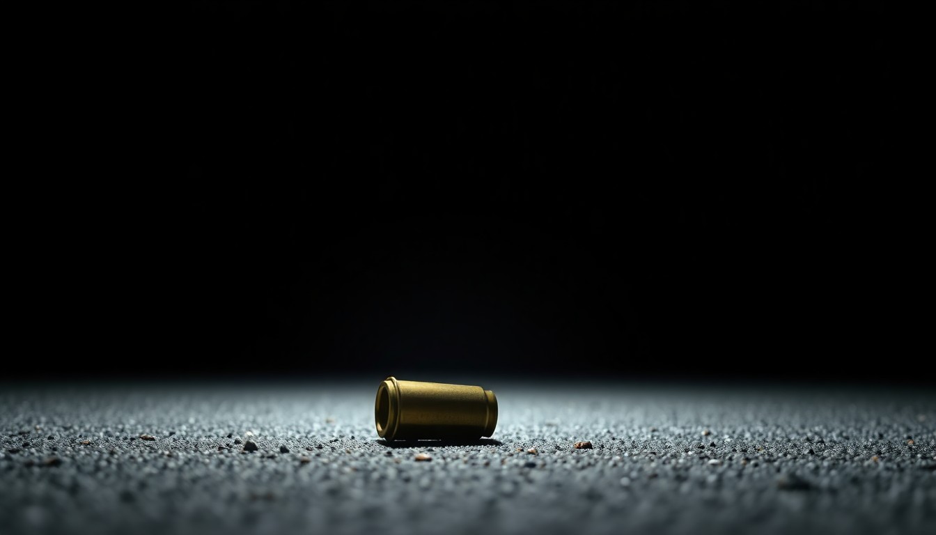An extreme close-up of a single spent shell casing on the pavement, lit by a harsh, direct camera flash against a pitch-black background, conceptually illustrating the aftermath of a shooting.