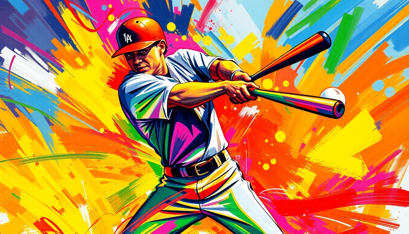 An abstract, expressionistic painting using vibrant neon colors and energetic brushstrokes to capture the powerful motion and impact of a baseball player's swing, conceptually representing a crucial, game-changing hit.