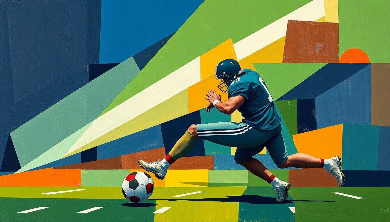 A cubist-style painting depicting a fragmented, multi-angled view of a football kickoff, with sharp geometric shapes in navy, green, and orange representing the dynamic motion and energy of the play.