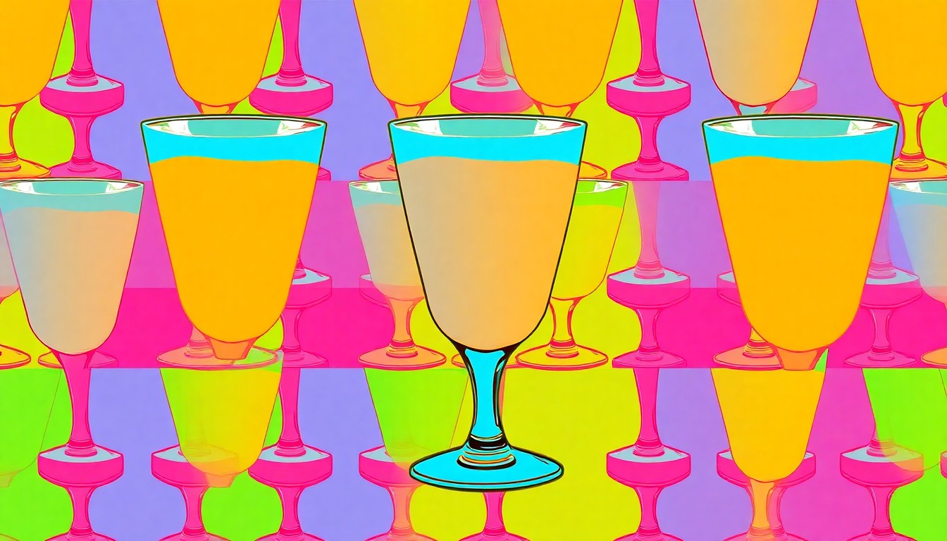 A vibrant, high-contrast silkscreen print featuring a repeated image of a classic egg cream glass in a grid pattern, using a bold, neon color palette to capture the energy and creativity of the Brooklyn SeltzerFest.