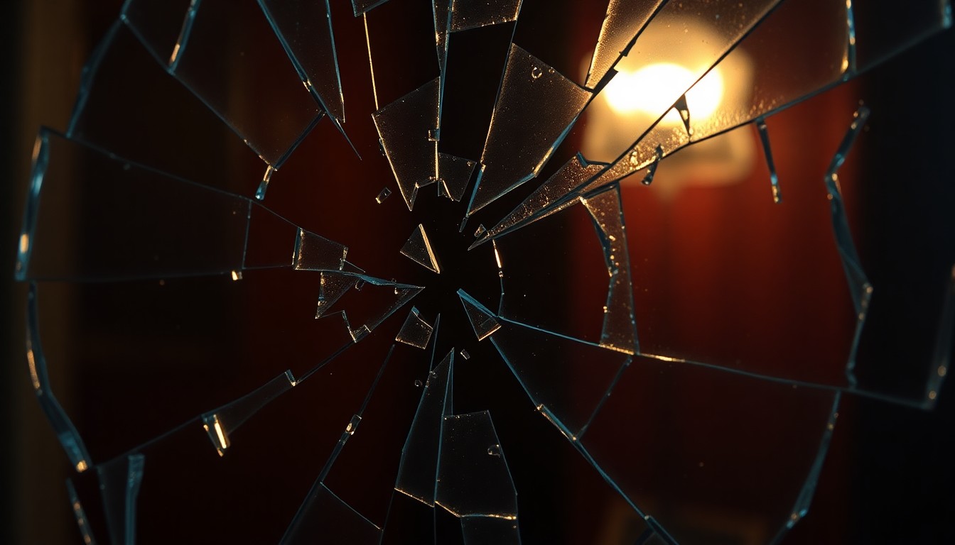 An abstract, high-contrast close-up photograph of shattered glass reflecting a dim, moody light, conceptually representing the high-stakes, glamorous thriller at the heart of the film The Housemaid.