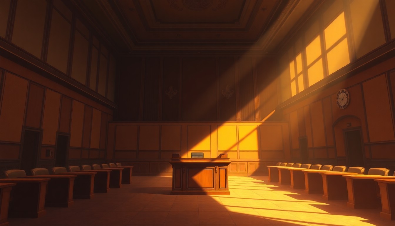A dimly lit, cinematic painting of an empty city council chamber with a single desk or podium as the focal point, bathed in warm, diagonal sunlight and deep shadows, conveying a sense of quiet contemplation over the environmental and public health impacts of PFAS chemicals.