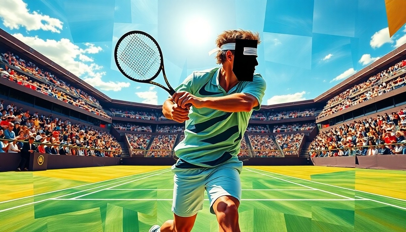 A cubist, geometric painting depicting a tennis player in mid-motion, their body and racket broken down into sharp, overlapping planes of color and form, capturing the dynamic energy and strategic complexity of Sinner's hard-court mastery.