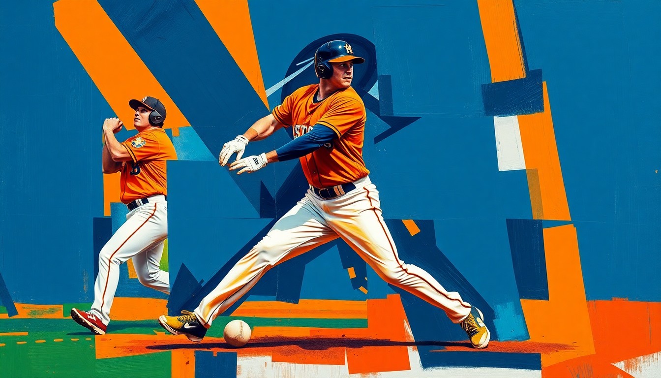 A cubist, multi-perspective painting in navy blue, orange, and white, breaking down a baseball player's movements on the field into sharp, overlapping geometric shapes, conveying the fragility and complexity of a seemingly minor injury.