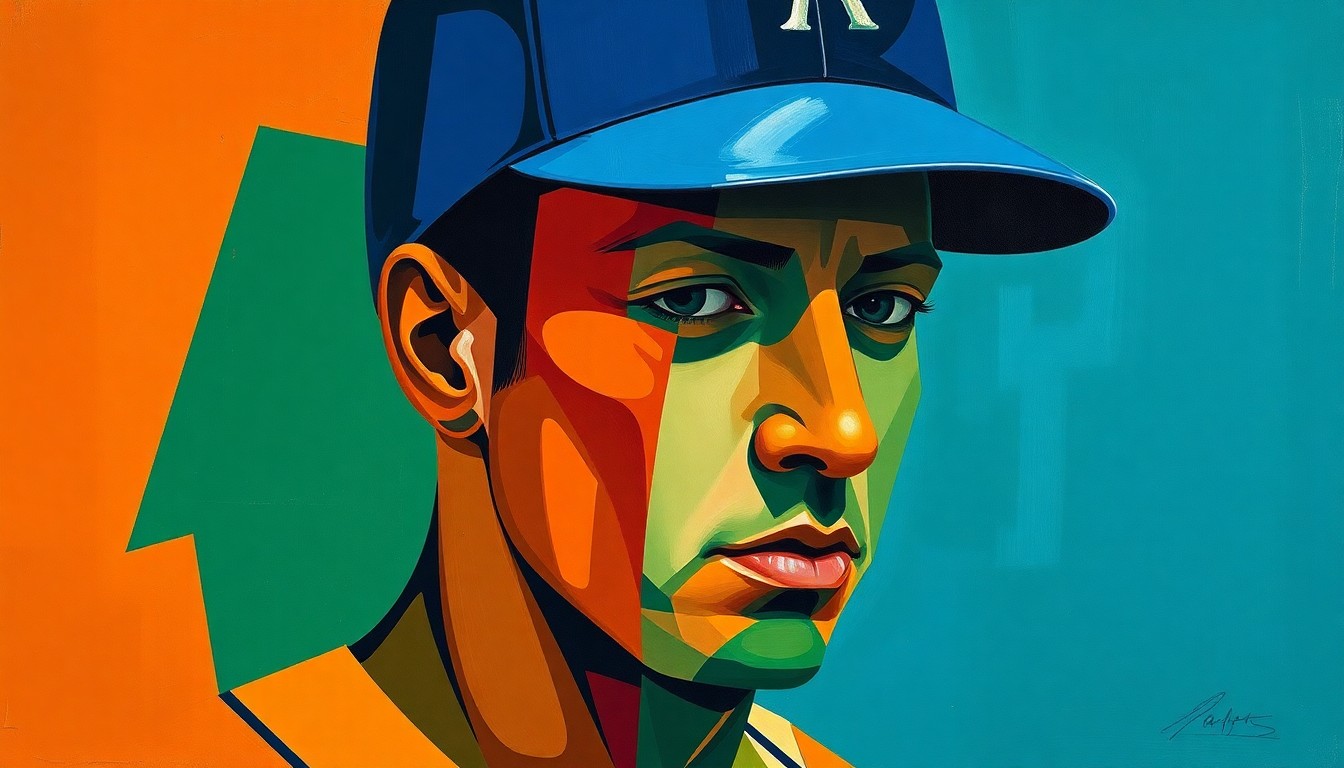 A fragmented, geometric painting depicting a baseball player's head and upper body broken down into sharp, overlapping planes of navy, green, and orange, conveying the physical impact of a concussion.