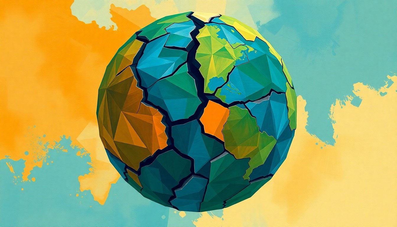 A fractured, abstract painting depicting a melting, cracked globe in shades of blue, green, and orange, conveying the urgency of the climate crisis through a dynamic, conceptual visual metaphor.