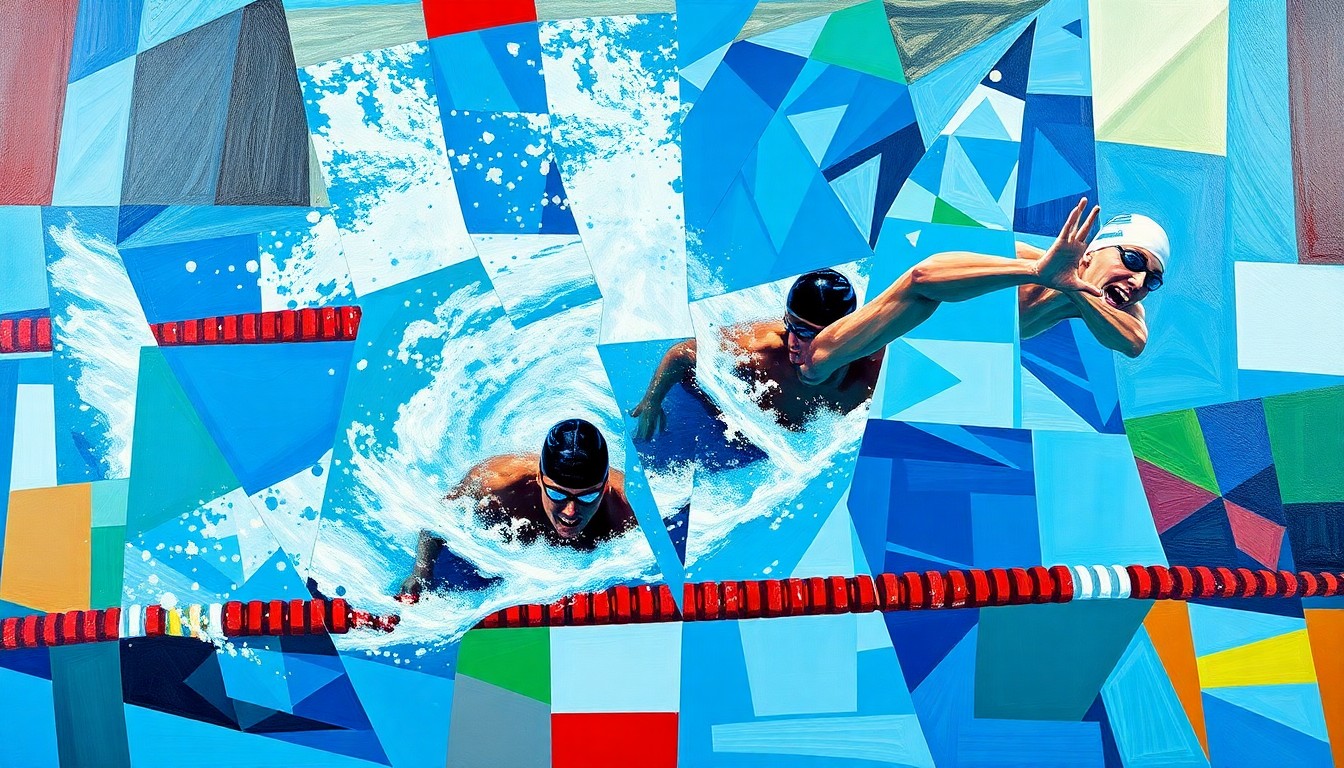 A cubist, geometric painting depicting a swimming competition, with overlapping planes of color and movement, capturing the energy and diversity of the sport.