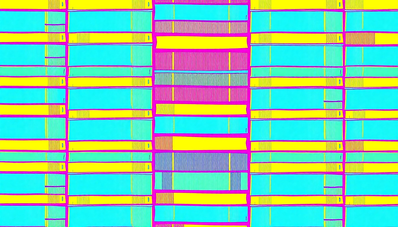 A bold, abstract illustration composed of a repeating grid of colorful textbook shapes in shades of electric blue, hot pink, and highlighter yellow, conceptually representing the ongoing debate over education funding priorities.