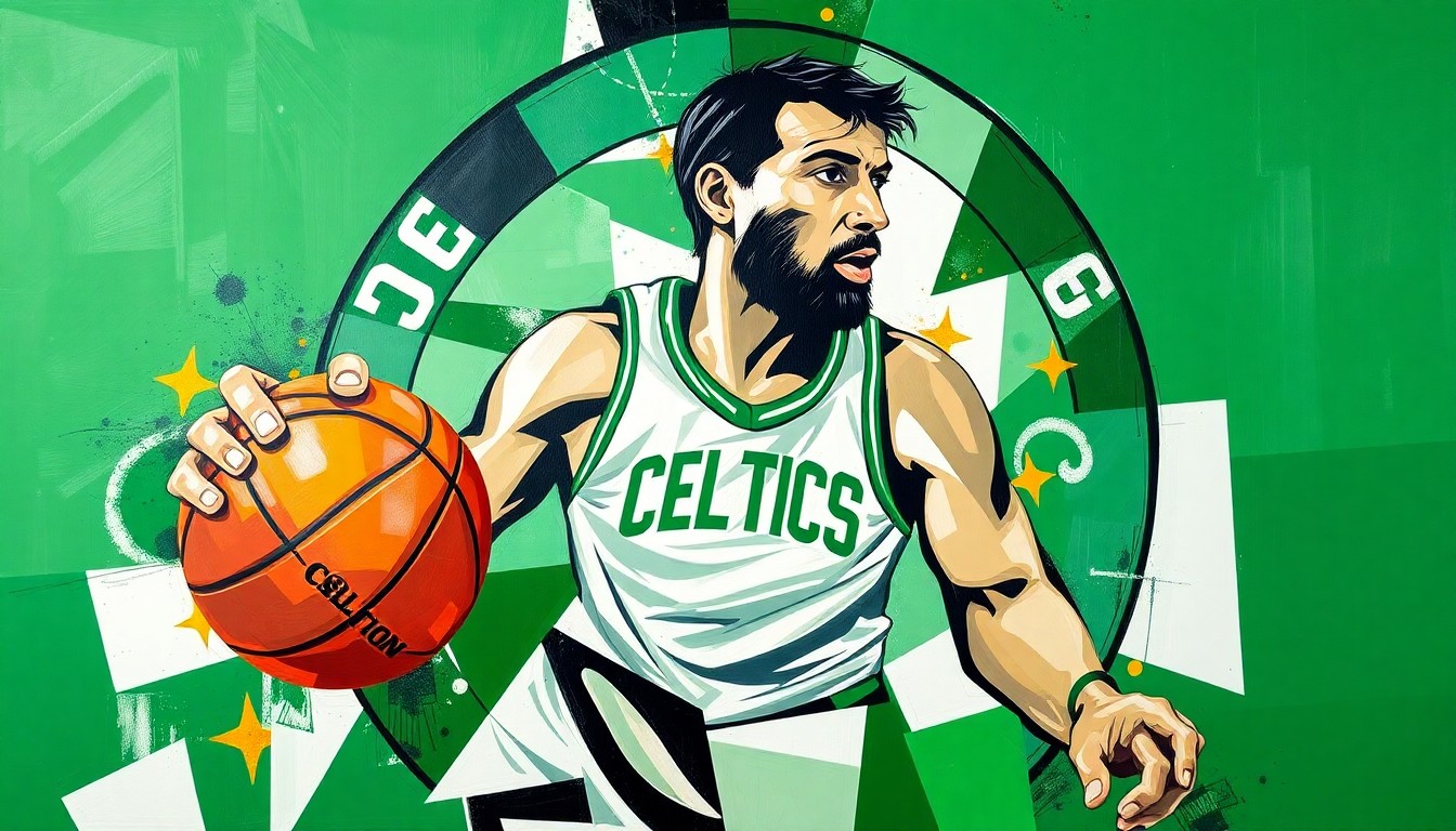 A fractured, geometric painting in vibrant greens, whites, and psychedelic hues, depicting the various aspects of Robert Parish's basketball career and personal life in an abstract, cubist style.