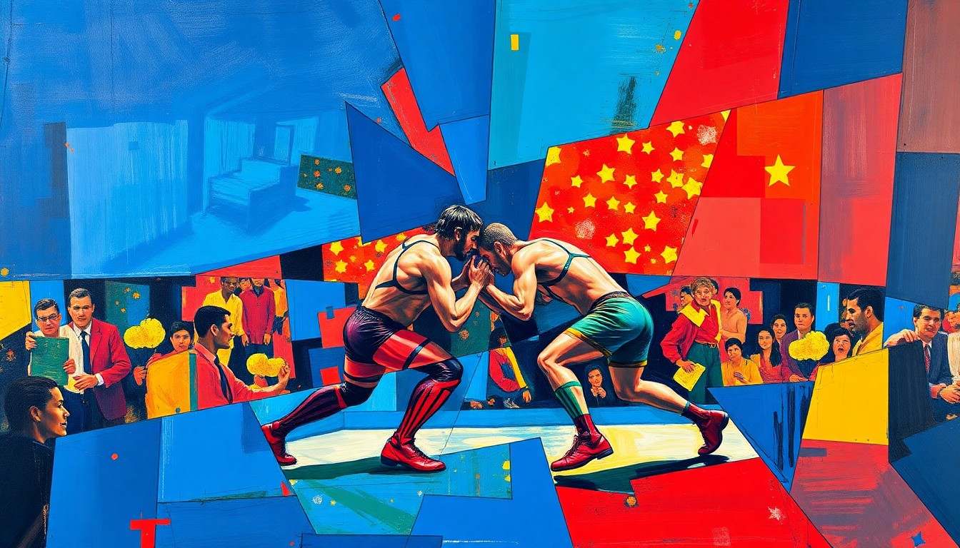 A fractured, cubist-style painting depicting the dynamic movements and energy of a wrestling match, with sharp geometric shapes and planes in bold, vibrant colors representing the competitive spirit and uncertainty surrounding Colby Corino's future.