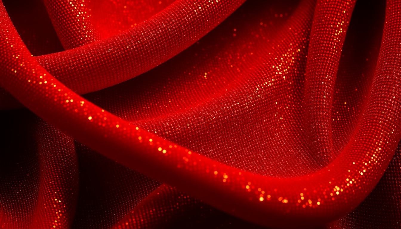 An extreme close-up photograph of a rich, glittering fabric texture in deep red and gold hues, conceptually representing the glamour and impact of Zelma Morales' acting career.